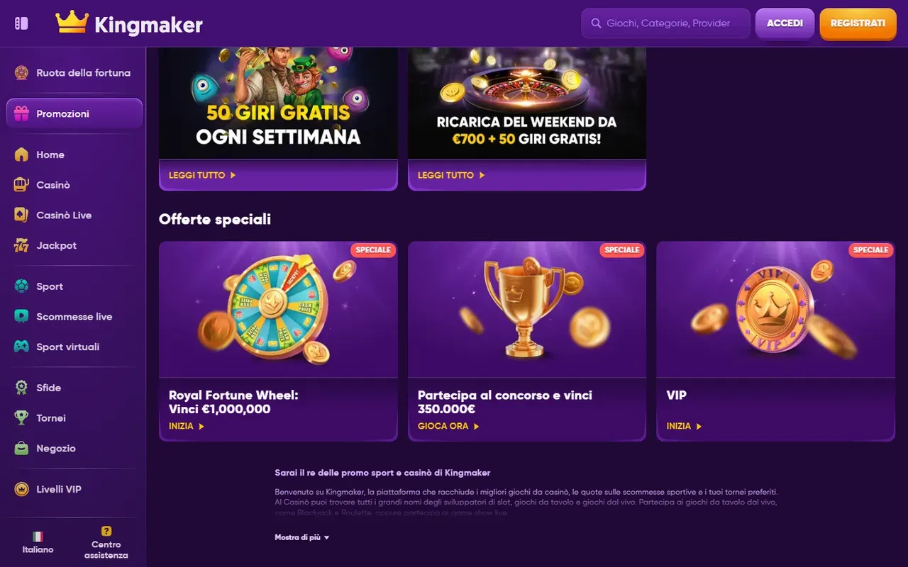 Bonus e promozioni Kingmaker Casino