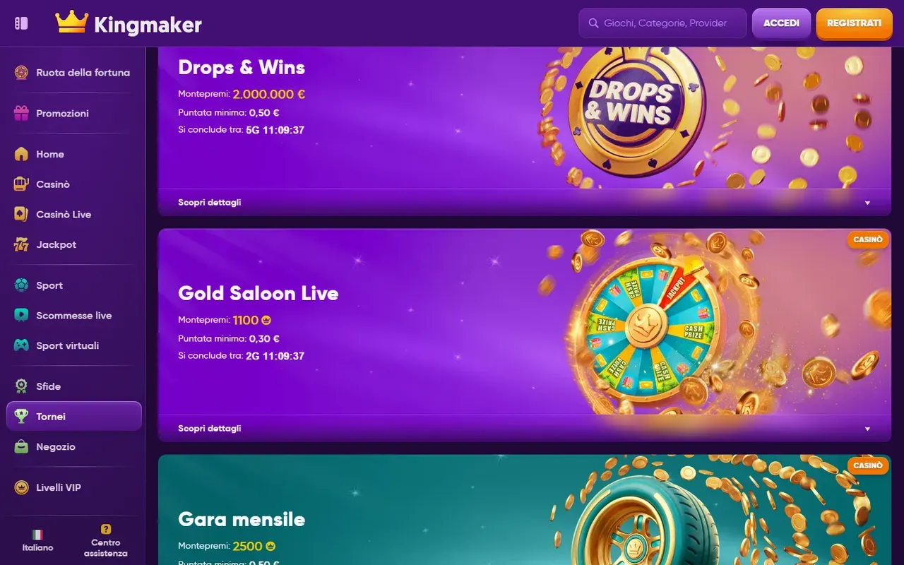 Tornei e premi di Kingmaker Casino